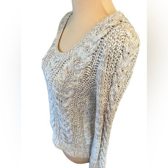 Free People Cable Knit Chunky Tan Sweater Scoop Neck Cotton Blend Size Small - Picture 2 of 9